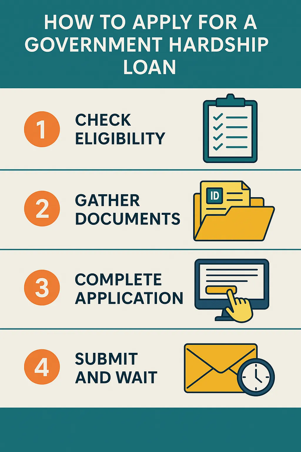 Infographic explaining the step-by-step process to apply for a UK government hardship loan, including eligibility checks and required documents.