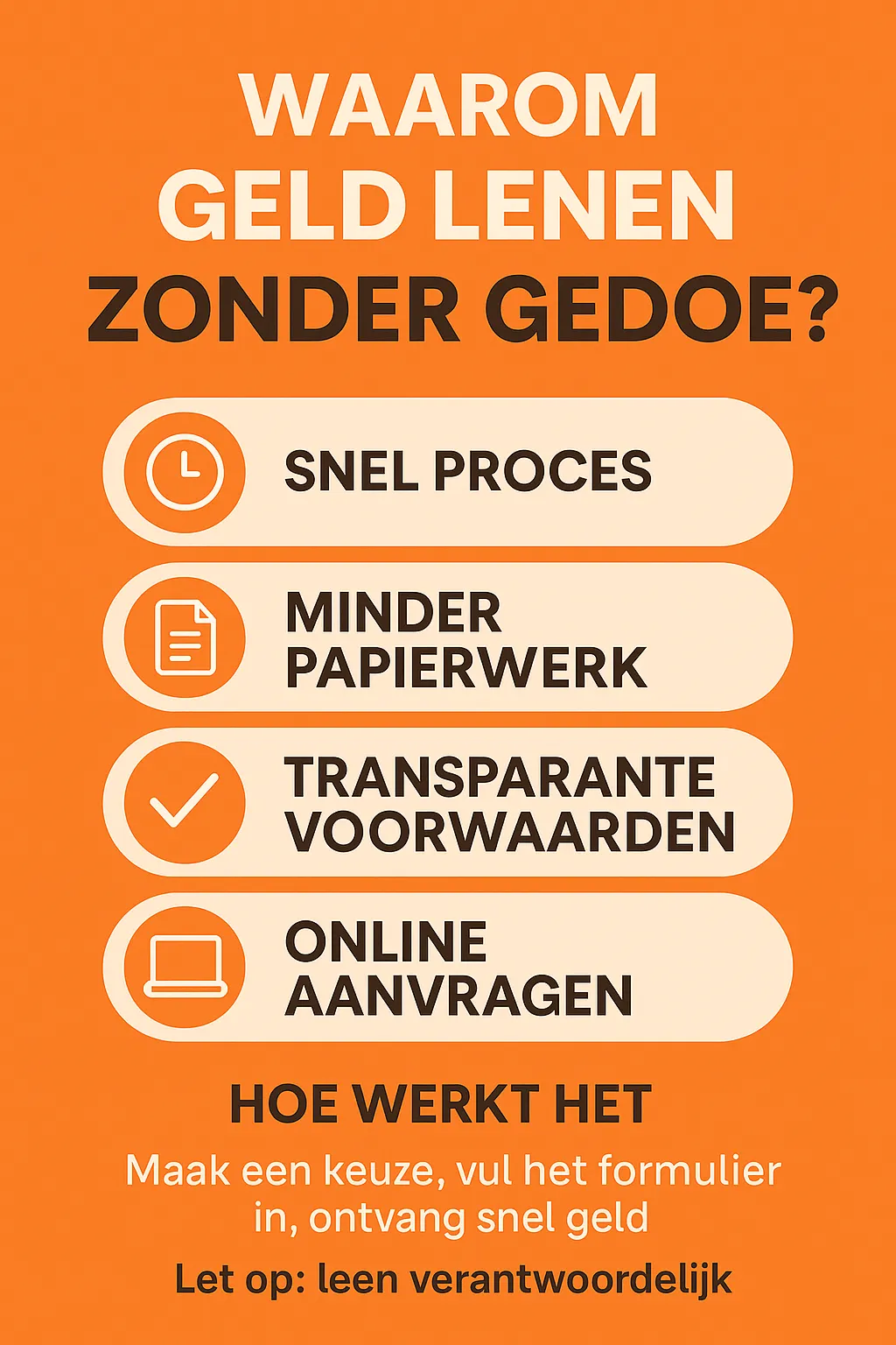 Infographic die de belangrijkste voordelen toont van geld lenen zonder gedoe, zoals snelheid, transparantie en minder papierwerk.