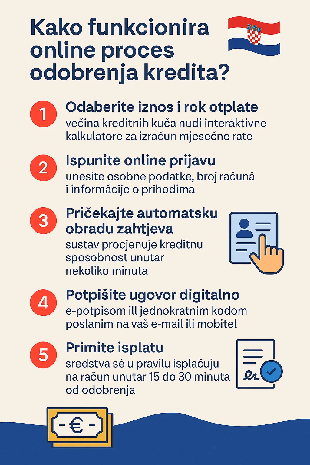 Infografika koja prikazuje pet koraka online procesa odobrenja brzog kredita u Hrvatskoj: od odabira iznosa do isplate sredstava.