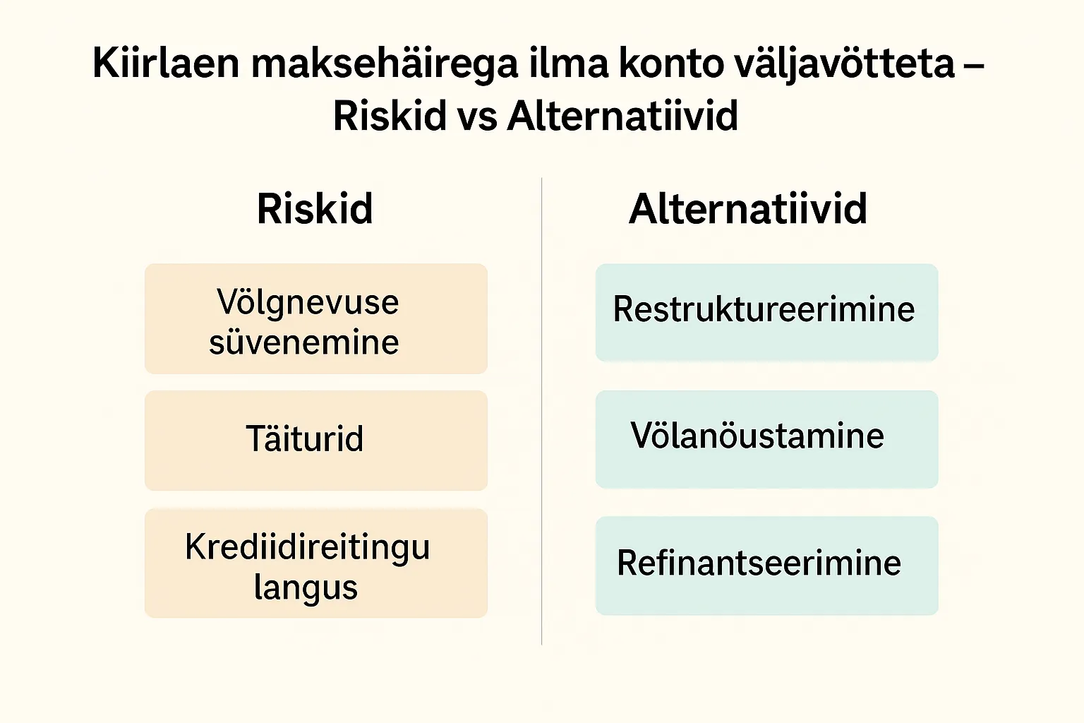 Yatay infograafik, mis võrdleb 2025. aastal kiirlaenu maksehäirega ilma konto väljavõtteta riskide ja alternatiivide võimalusi Eestis.