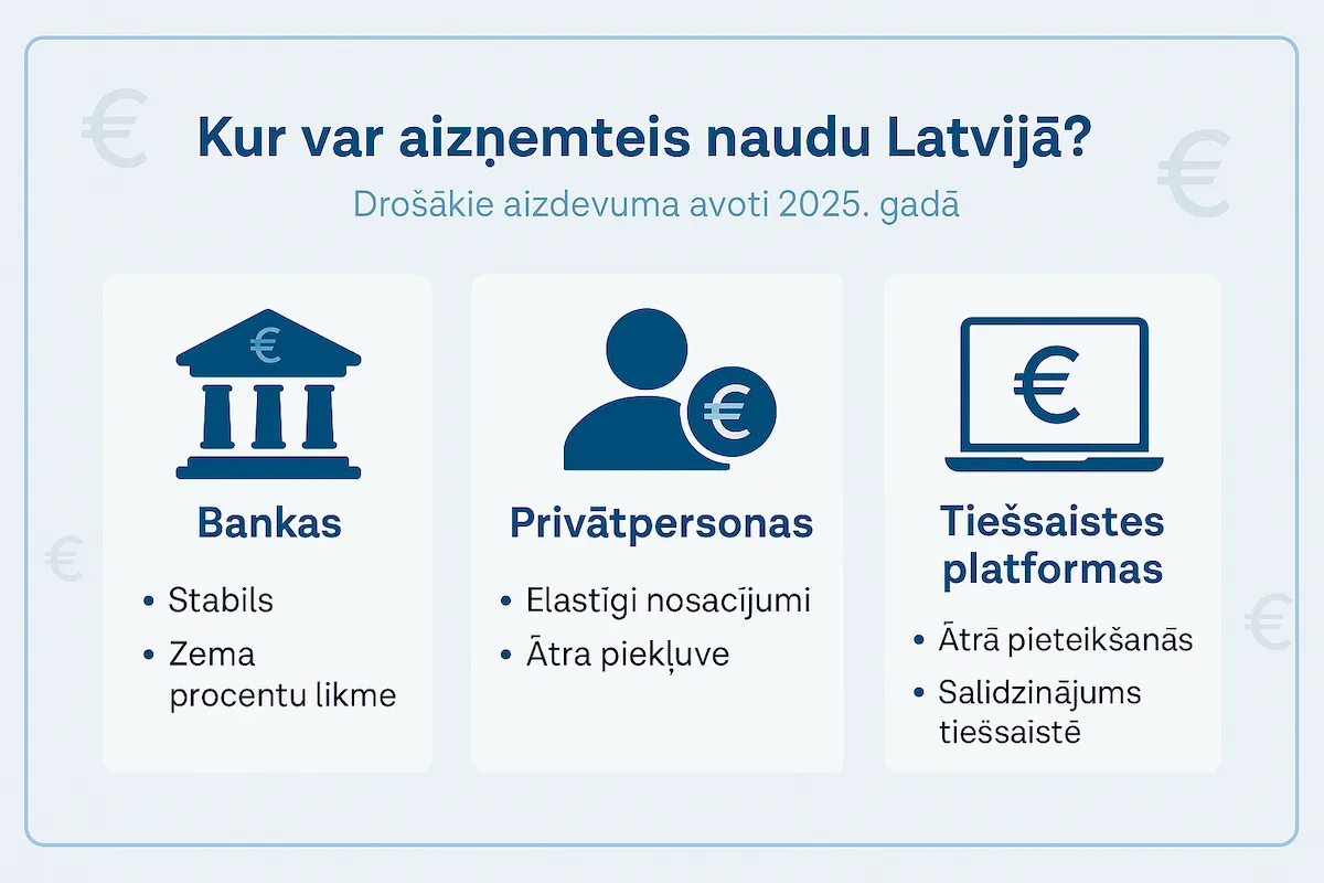 Infografika ar trim sadaļām: bankas, privātpersonas un tiešsaistes platformas kā populārākie naudas aizdevuma avoti Latvijā.