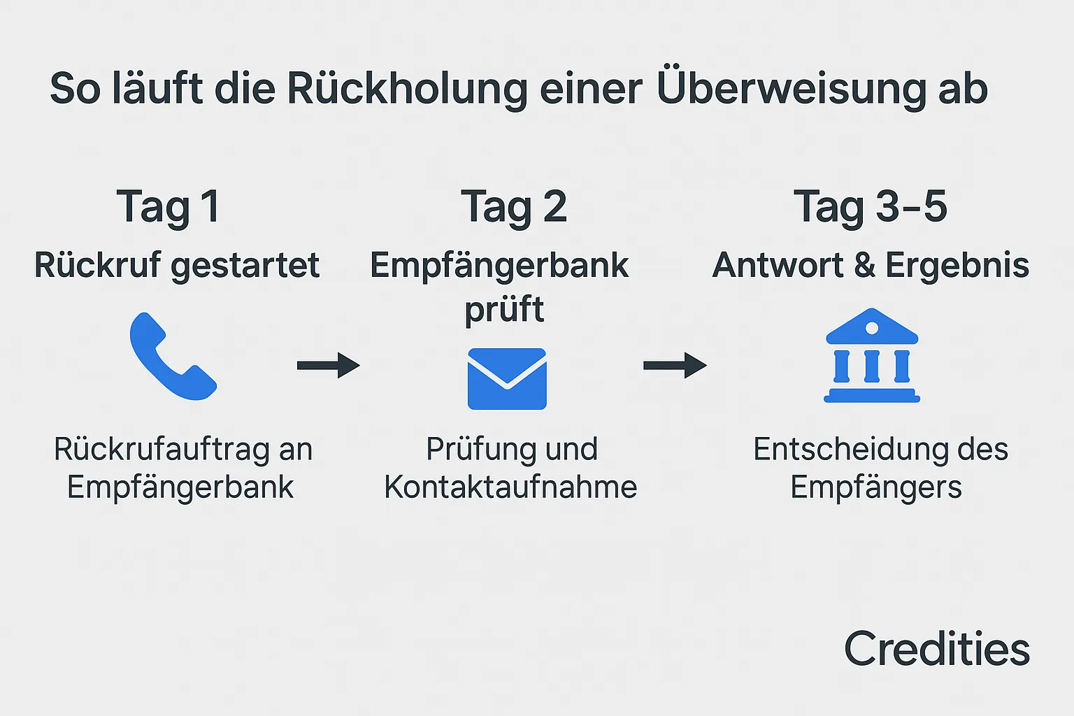 Infografik zeigt den Ablauf einer Rückholung einer falschen Überweisung in drei Schritten: Tag 1 Rückruf gestartet, Tag 2 Empfängerbank prüft, Tag 3–5 Antwort & Ergebnis.